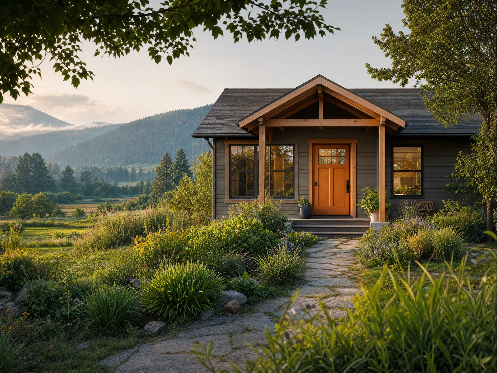 Illustration of a Northwest home and open fields